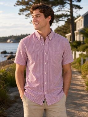 GAP Men’s Red White Seersucker Button Down Shirt Medium Summer Casual